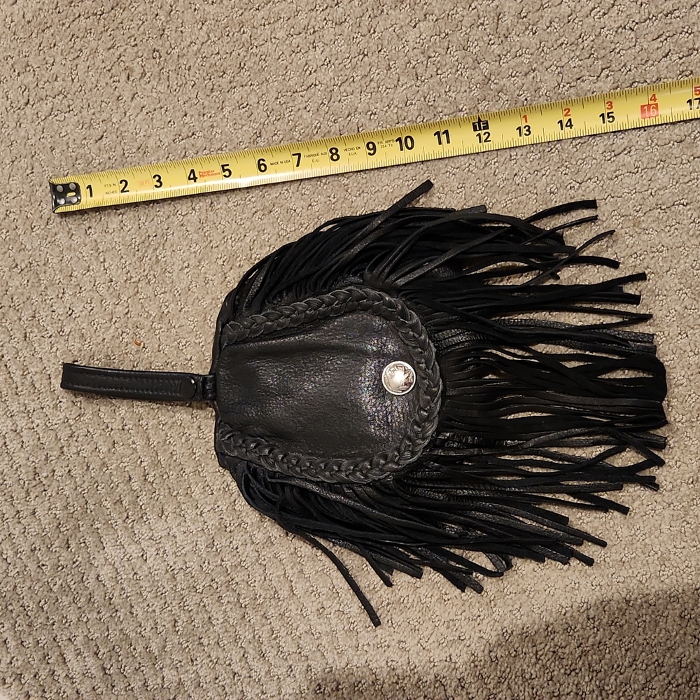 VINTAGE , Leather wristlet type , fringe , biker bag. Buffalo nickle!